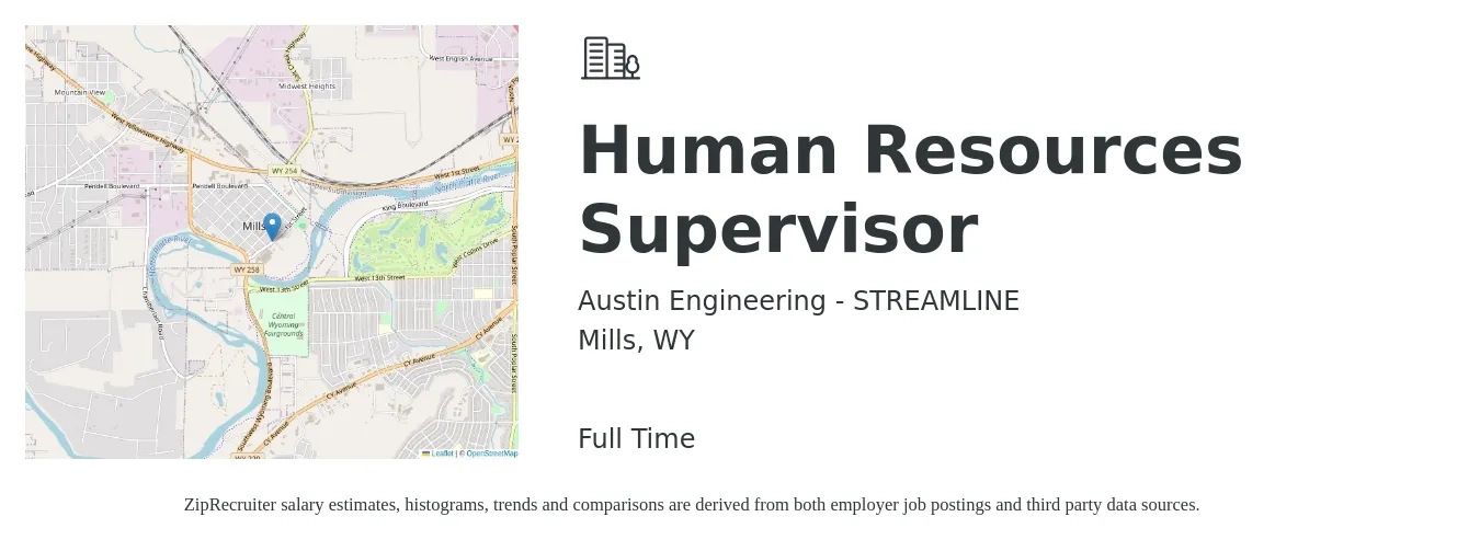 Austin Engineering - STREAMLINE job posting for a Human Resources Supervisor in Mills, WY with a salary of $66,800 to $96,800 Yearly with a map of Mills location.
