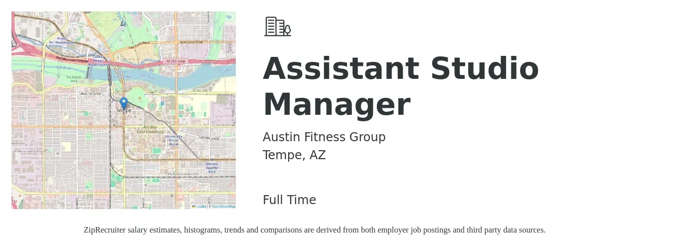 Austin Fitness Group job posting for a Assistant Studio Manager in Tempe, AZ with a salary of $16 to $22 Hourly with a map of Tempe location.