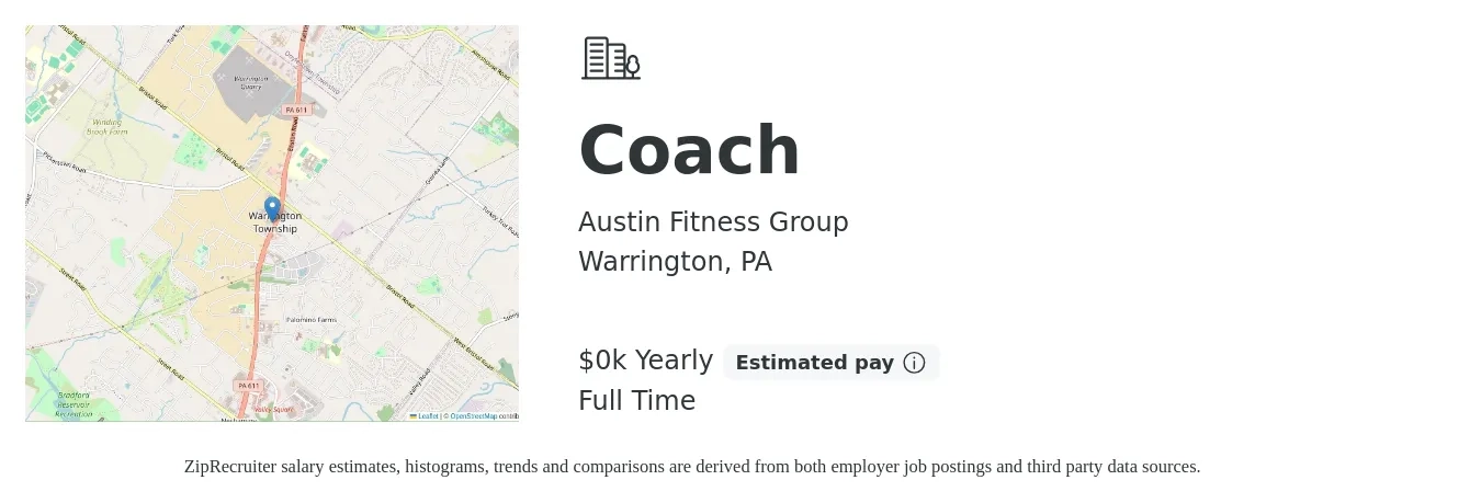 Austin Fitness Group job posting for a Coach in Warrington, PA with a salary of $25 to $80 Yearly with a map of Warrington location.
