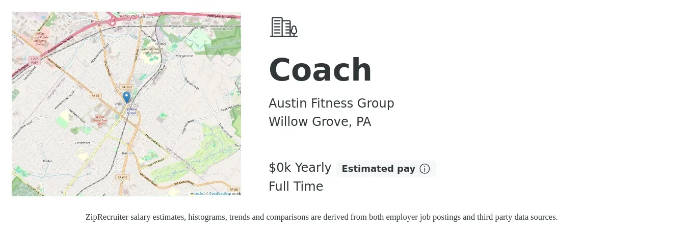 Austin Fitness Group job posting for a Coach in Willow Grove, PA with a salary of $25 to $80 Yearly with a map of Willow Grove location.