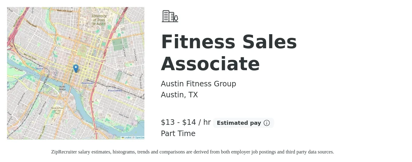 Austin Fitness Group job posting for a Fitness Sales Associate in Austin, TX with a salary of $14 to $15 Hourly with a map of Austin location.