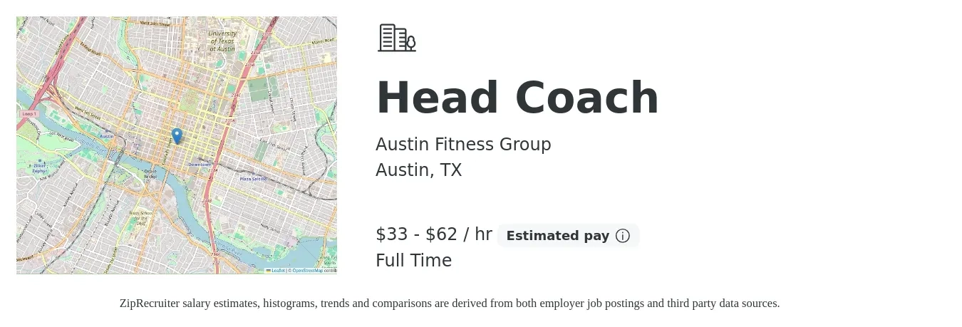 Austin Fitness Group job posting for a Head Coach in Austin, TX with a salary of $35 to $65 Hourly with a map of Austin location.