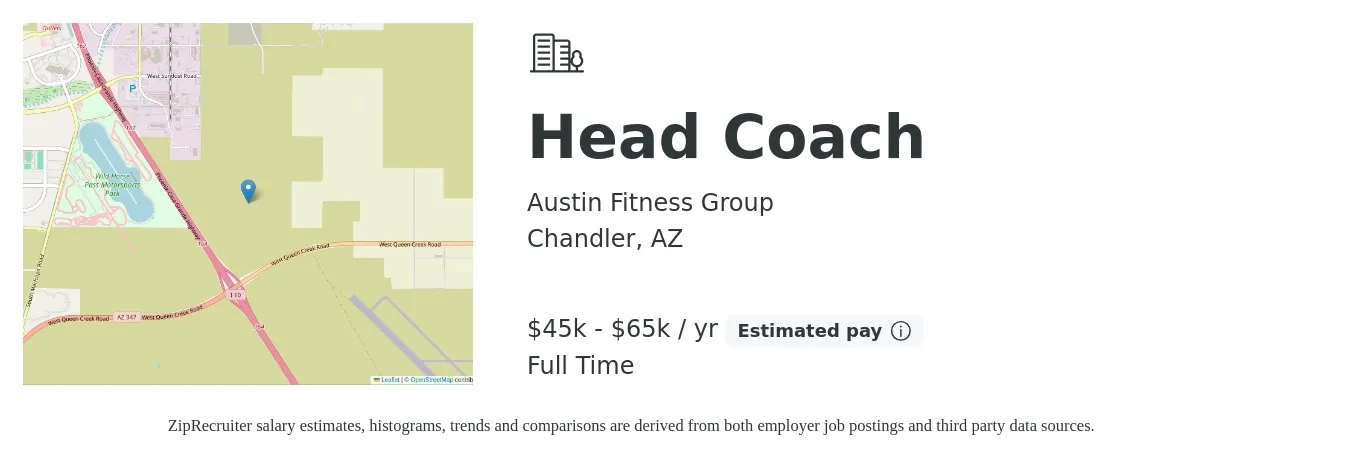 Austin Fitness Group job posting for a Head Coach in Chandler, AZ with a salary of $45,000 to $65,000 Yearly with a map of Chandler location.