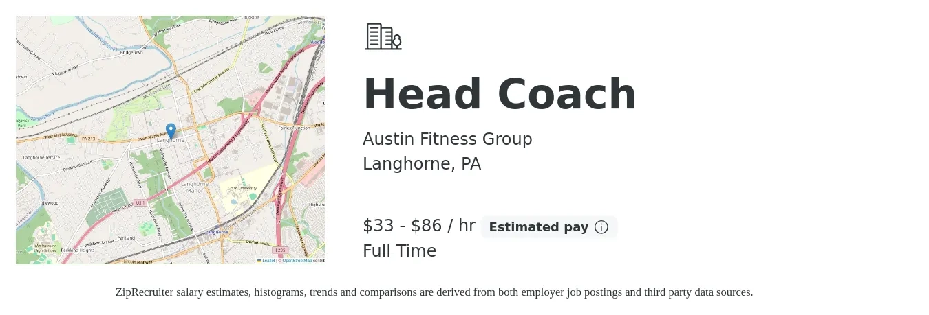 Austin Fitness Group job posting for a Head Coach in Langhorne, PA with a salary of $35 to $90 Hourly with a map of Langhorne location.