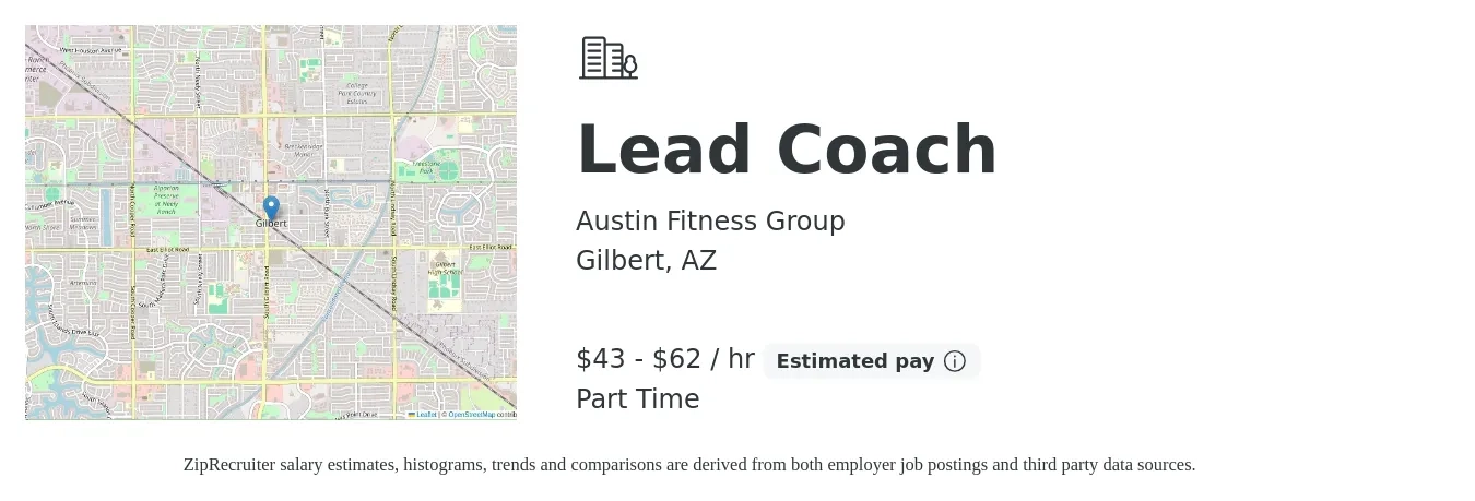 Austin Fitness Group job posting for a Lead Coach in Gilbert, AZ with a salary of $45 to $65 Hourly with a map of Gilbert location.