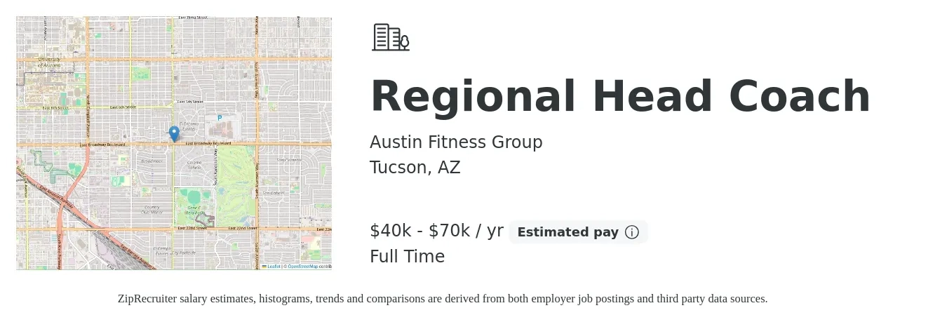 Austin Fitness Group job posting for a Regional Head Coach in Tucson, AZ with a salary of $40,000 to $70,000 Yearly with a map of Tucson location.