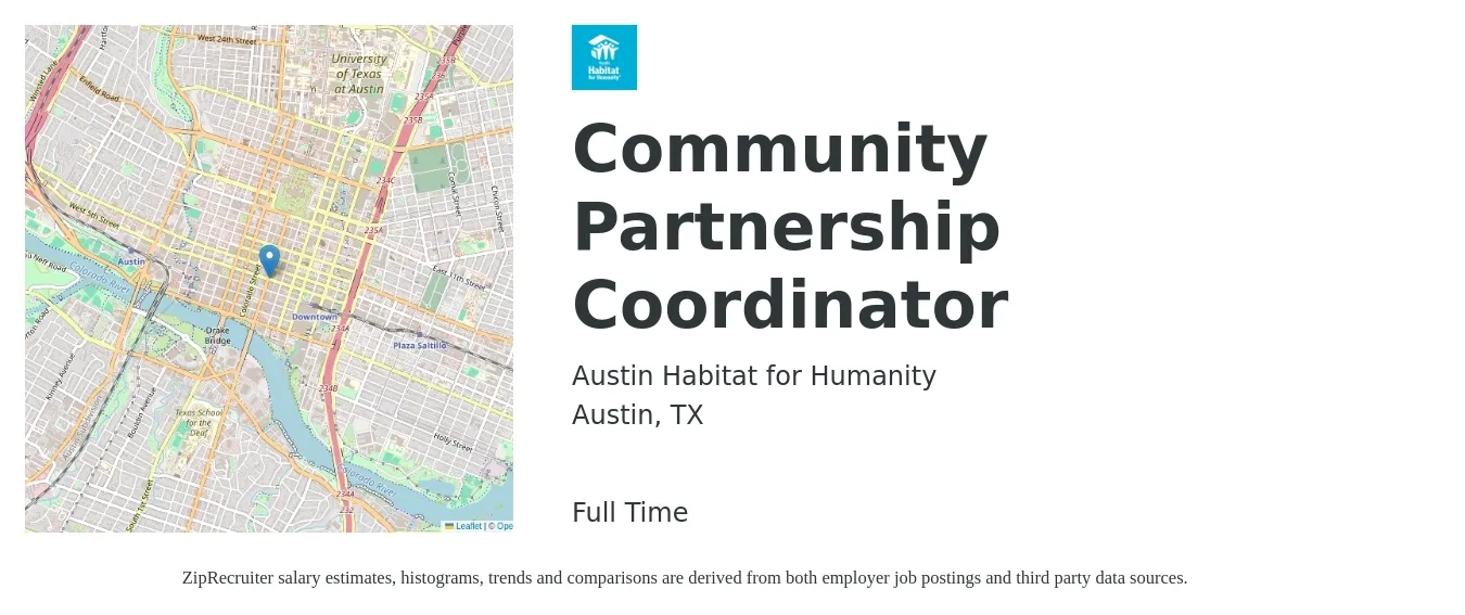 Austin Habitat for Humanity job posting for a Community Partnership Coordinator in Austin, TX with a salary of $50,000 to $60,000 Yearly with a map of Austin location.