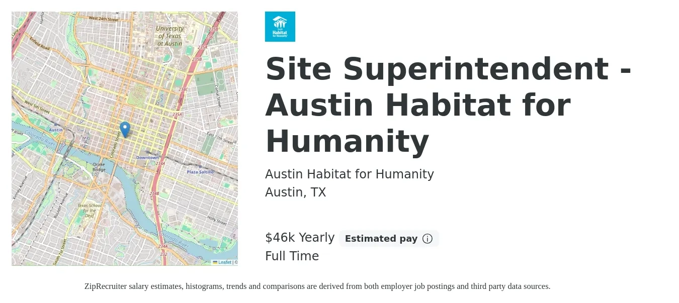 Austin Habitat for Humanity job posting for a Site Superintendent - Austin Habitat for Humanity in Austin, TX with a salary of $46,500 Yearly with a map of Austin location.