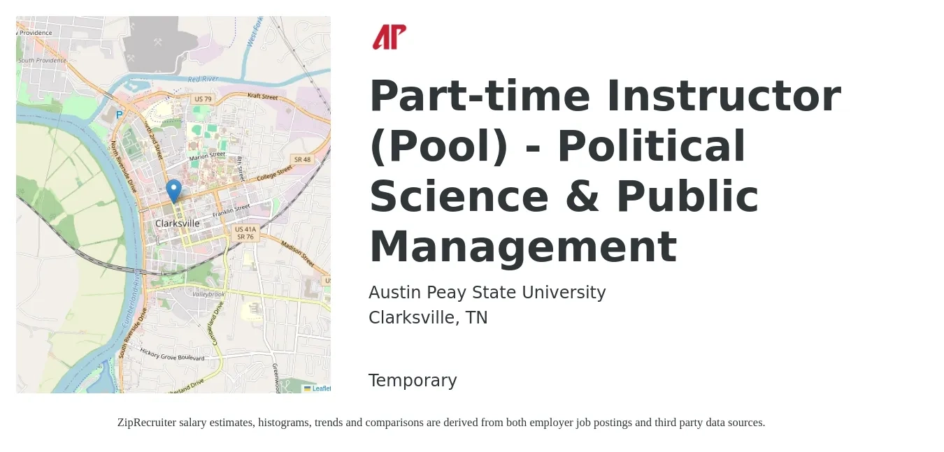 Austin Peay State University job posting for a Part-time Instructor (Pool) - Political Science & Public Management in Clarksville, TN with a map of Clarksville location.
