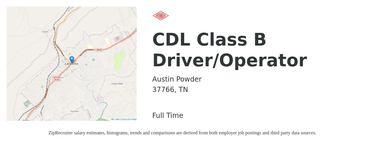 Austin Powder job posting for a CDL Class B Driver/Operator in 37766, TN with a salary of $19 to $24 Hourly with a map of 37766 location.