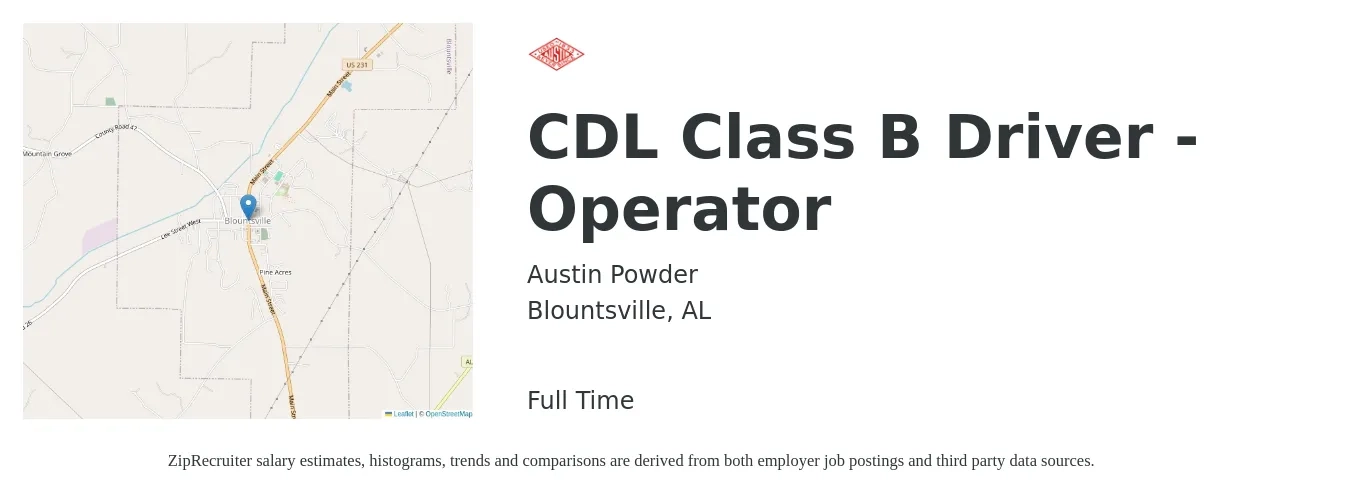 Austin Powder job posting for a CDL Class B Driver - Operator in Blountsville, AL with a salary of $20 to $34 Hourly with a map of Blountsville location.
