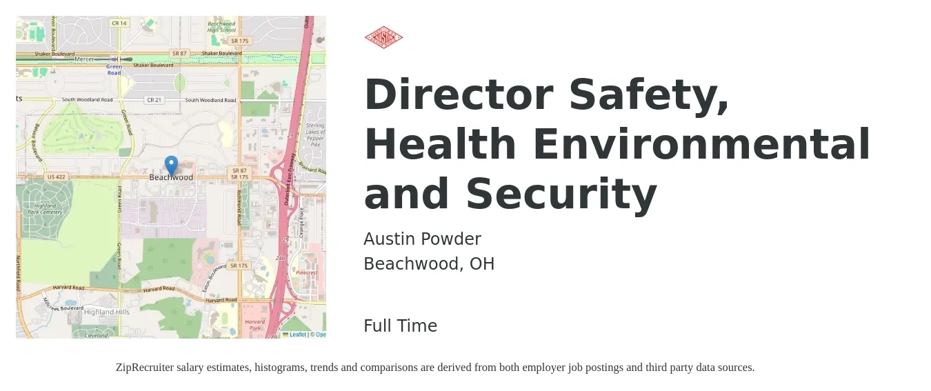 Austin Powder job posting for a Director Safety, Health Environmental and Security in Beachwood, OH with a salary of $58,200 to $114,900 Yearly with a map of Beachwood location.