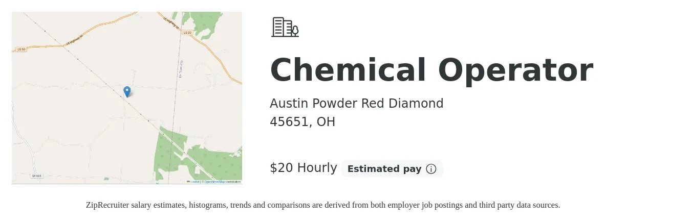 Austin Powder Red Diamond job posting for a Chemical Operator in 45651, OH with a salary of $15 to $17 Hourly with a map of 45651 location.