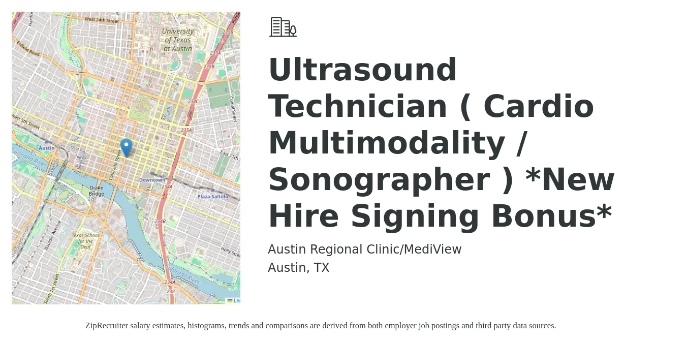Austin Regional Clinic/MediView job posting for a Ultrasound Technician ( Cardio Multimodality / Sonographer ) *New Hire Signing Bonus* in Austin, TX with a salary of $1,260 to $2,520 Weekly with a map of Austin location.
