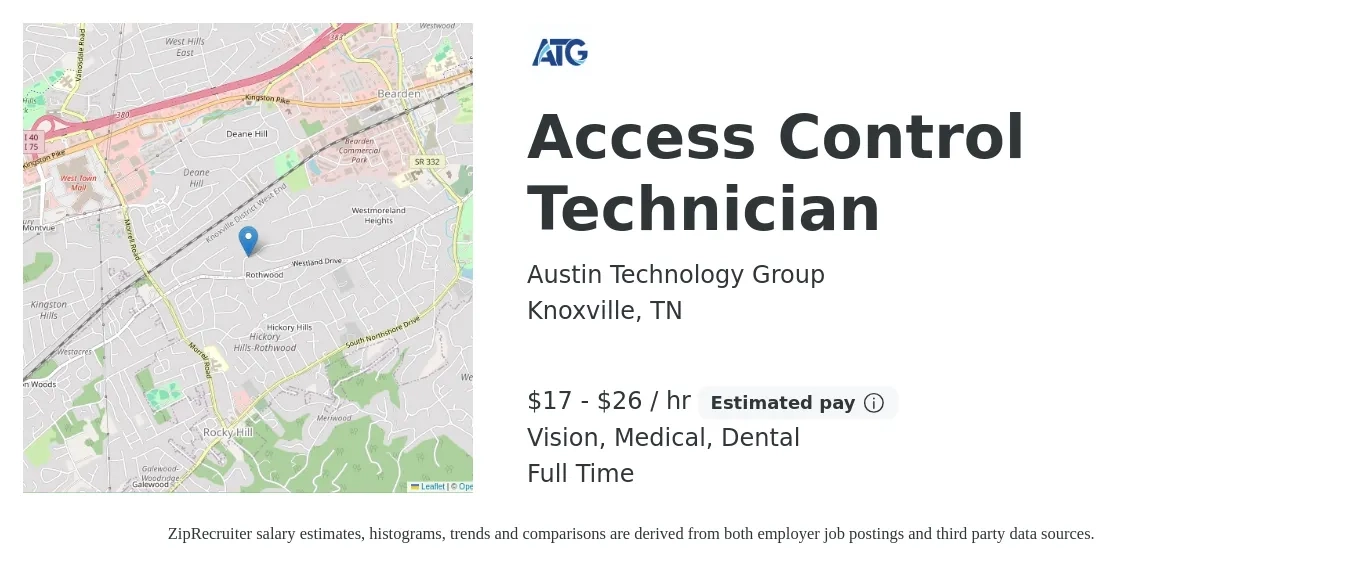 Austin Technology Group job posting for a Access Control Technician in Knoxville, TN with a salary of $18 to $28 Hourly and benefits including dental, medical, and vision with a map of Knoxville location.