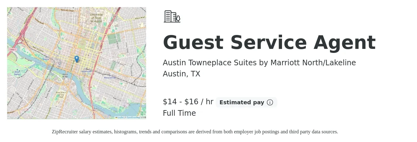 Austin Towneplace Suites by Marriott North/Lakeline job posting for a Guest Service Agent in Austin, TX with a salary of $15 to $17 Hourly with a map of Austin location.