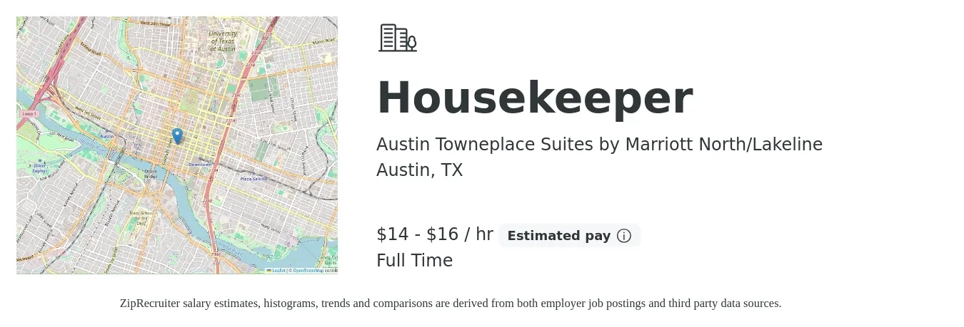 Austin Towneplace Suites by Marriott North/Lakeline job posting for a Housekeeper in Austin, TX with a salary of $15 to $17 Hourly with a map of Austin location.