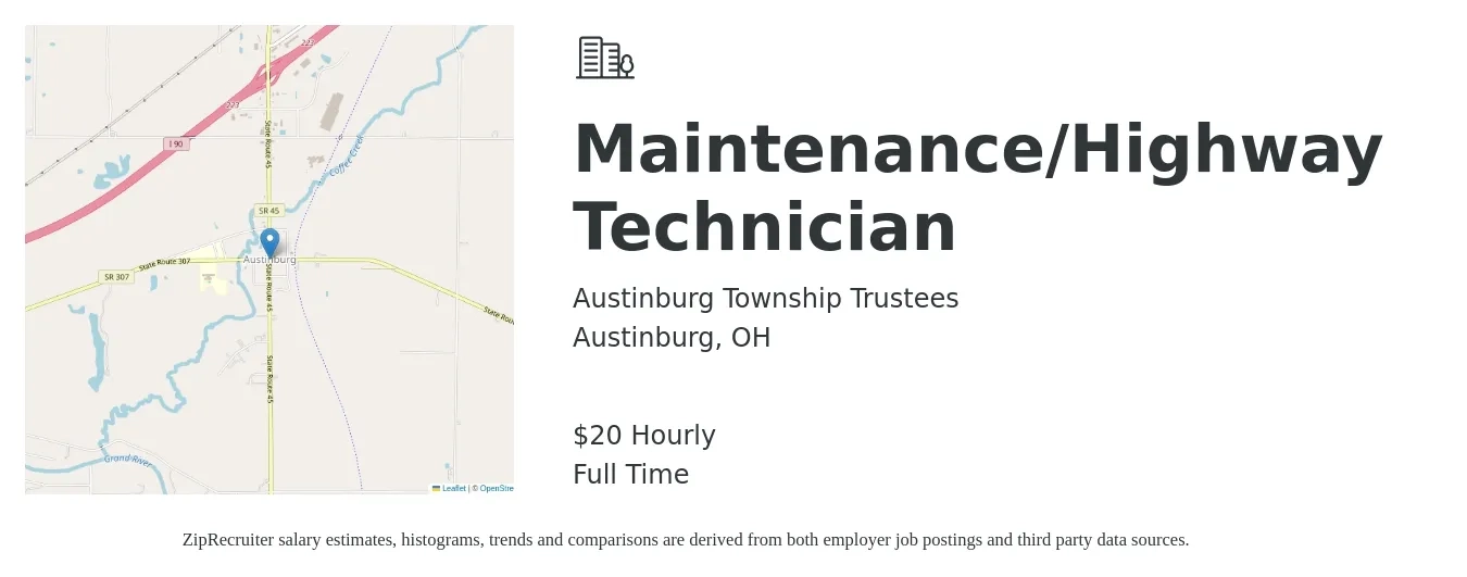 Austinburg Township Trustees job posting for a Maintenance/Highway Technician in Austinburg, OH with a salary of $21 Hourly with a map of Austinburg location.