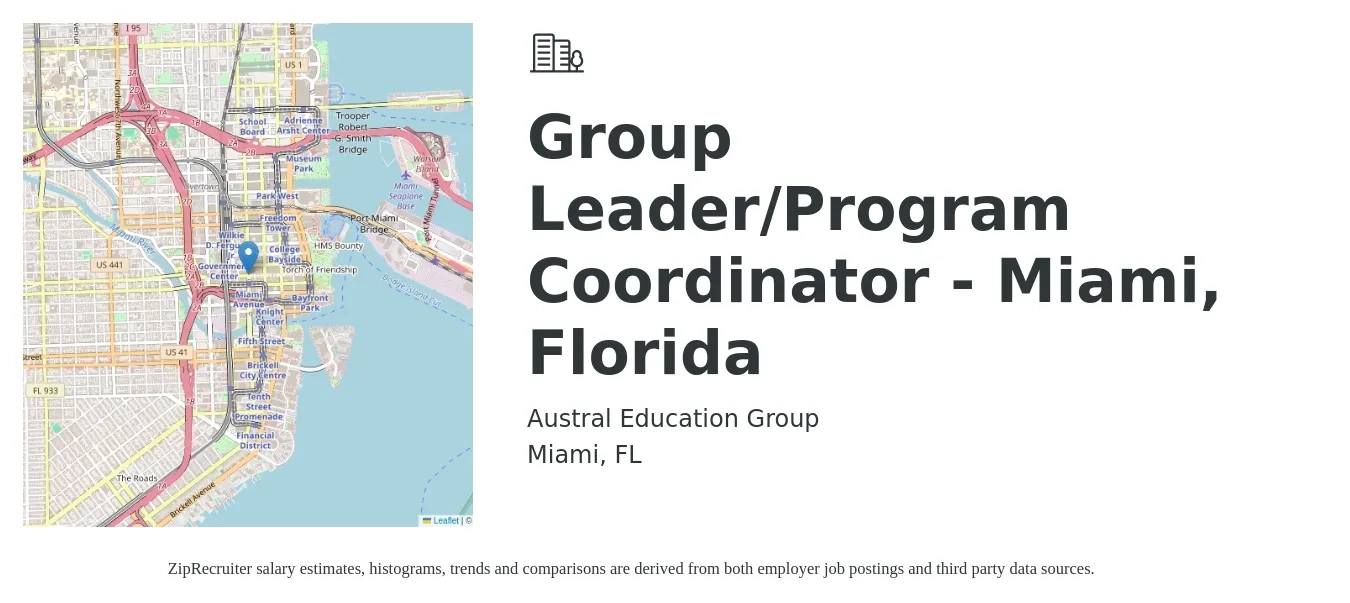 Austral Education Group job posting for a Group Leader/Program Coordinator - Miami, Florida in Miami, FL with a salary of $40,200 to $59,300 Yearly with a map of Miami location.