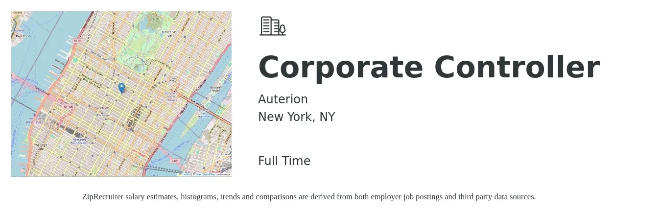 Auterion job posting for a Corporate Controller in New York, NY with a salary of $125,800 to $180,000 Yearly with a map of New York location.