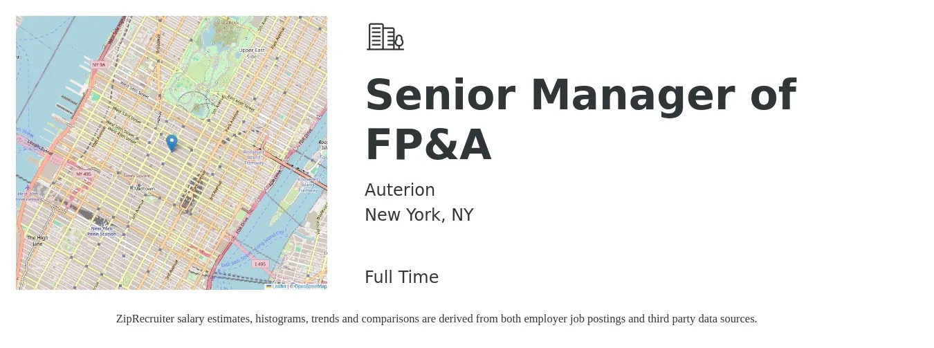 Auterion job posting for a Senior Manager of FP&A in New York, NY with a salary of $119,200 to $162,500 Yearly with a map of New York location.