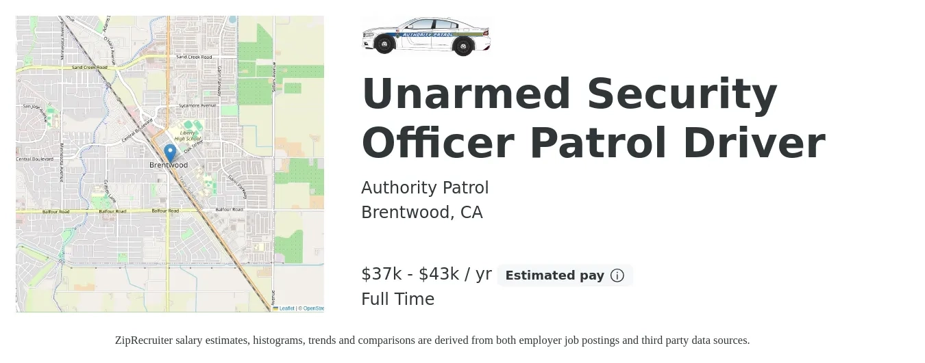 Authority Patrol job posting for a Unarmed Security Officer Patrol Driver in Brentwood, CA with a salary of $37,440 to $43,680 Yearly with a map of Brentwood location.