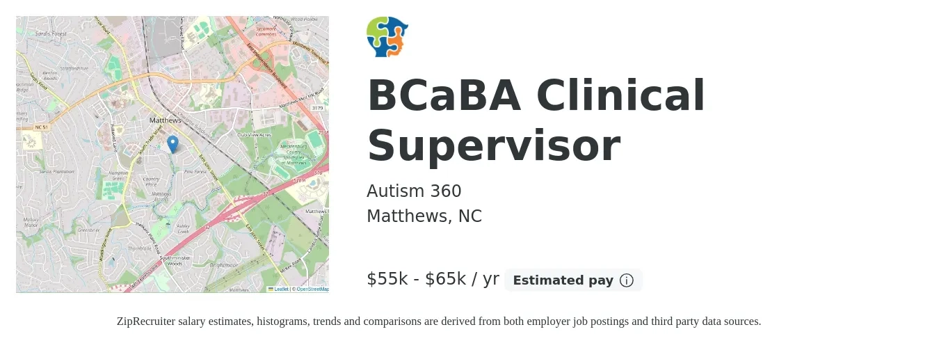 Autism 360 job posting for a BCaBA Clinical Supervisor in Matthews, NC with a salary of $55,000 to $65,000 Yearly with a map of Matthews location.