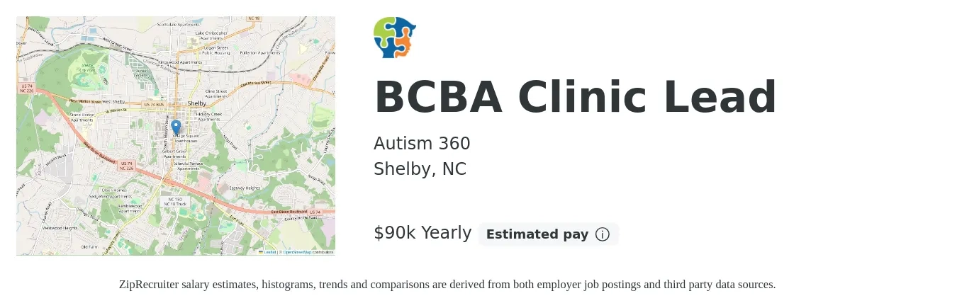 Autism 360 job posting for a BCBA Clinic Lead in Shelby, NC with a salary of $90,000 Yearly with a map of Shelby location.