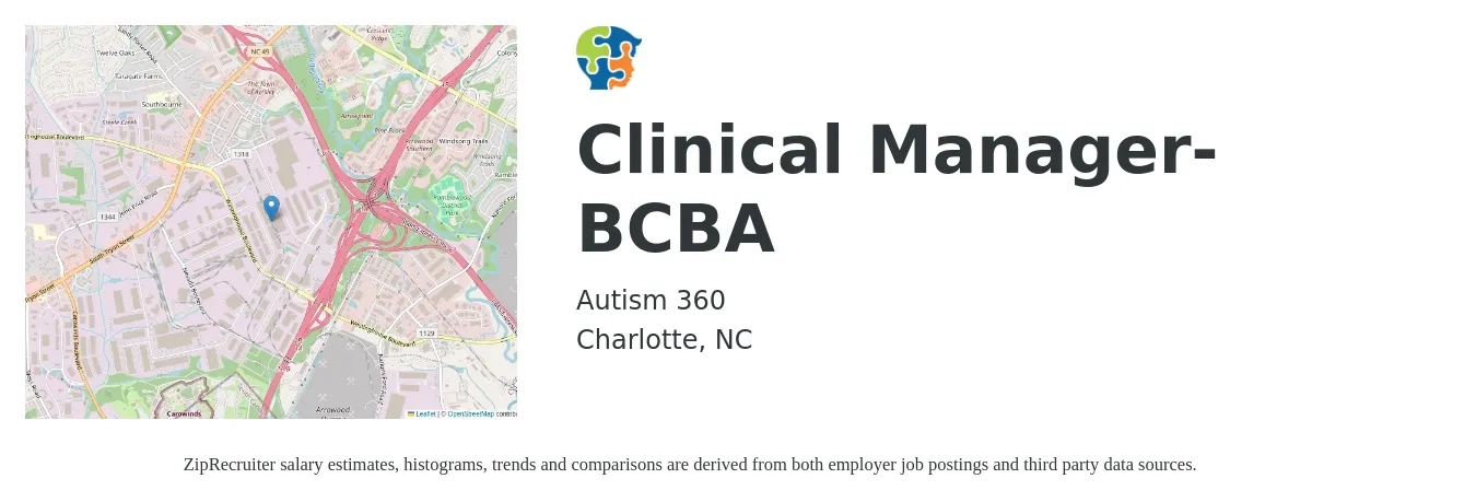 Autism 360 job posting for a Clinical Manager- BCBA in Charlotte, NC with a salary of $66,700 to $81,600 Yearly with a map of Charlotte location.