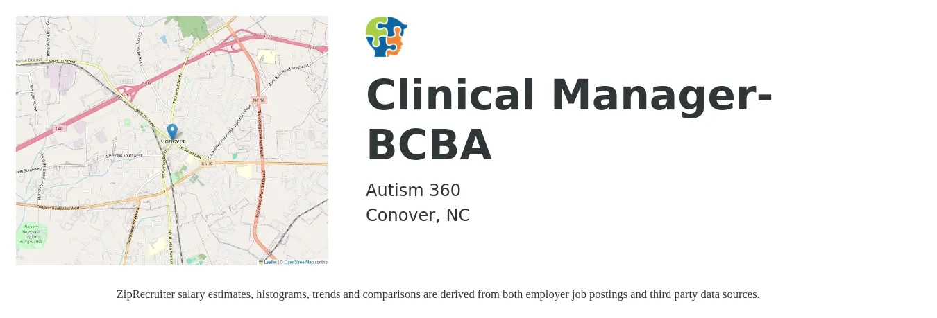 Autism 360 job posting for a Clinical Manager- BCBA in Conover, NC with a salary of $68,100 to $83,200 Yearly with a map of Conover location.