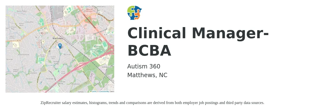 Autism 360 job posting for a Clinical Manager- BCBA in Matthews, NC with a salary of $69,500 to $85,000 Yearly with a map of Matthews location.