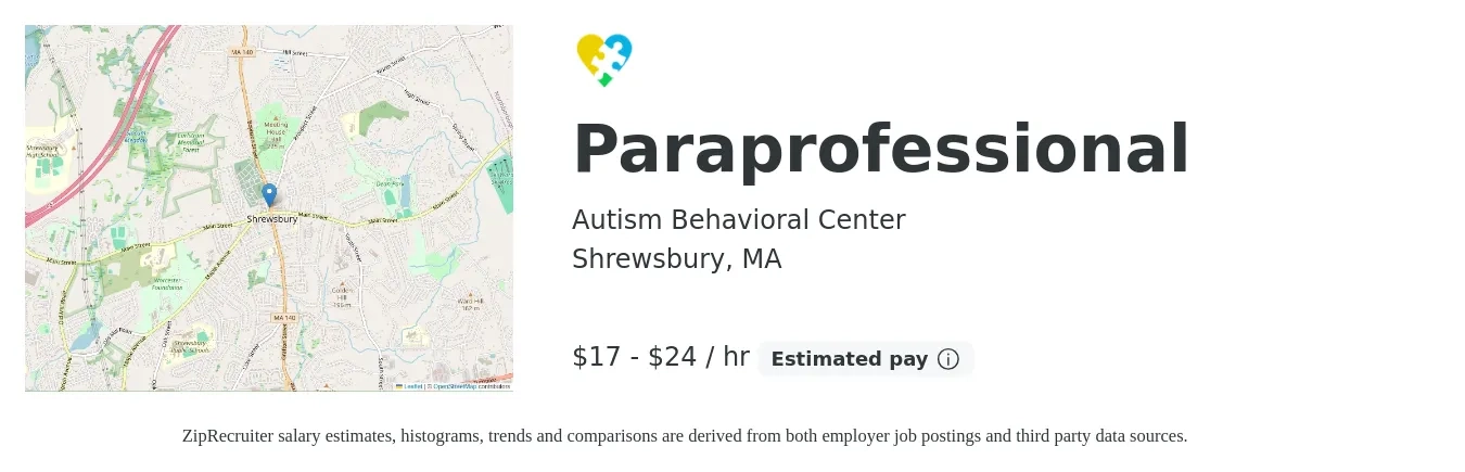 Autism Behavioral Center job posting for a Paraprofessional in Shrewsbury, MA with a salary of $18 to $25 Hourly with a map of Shrewsbury location.