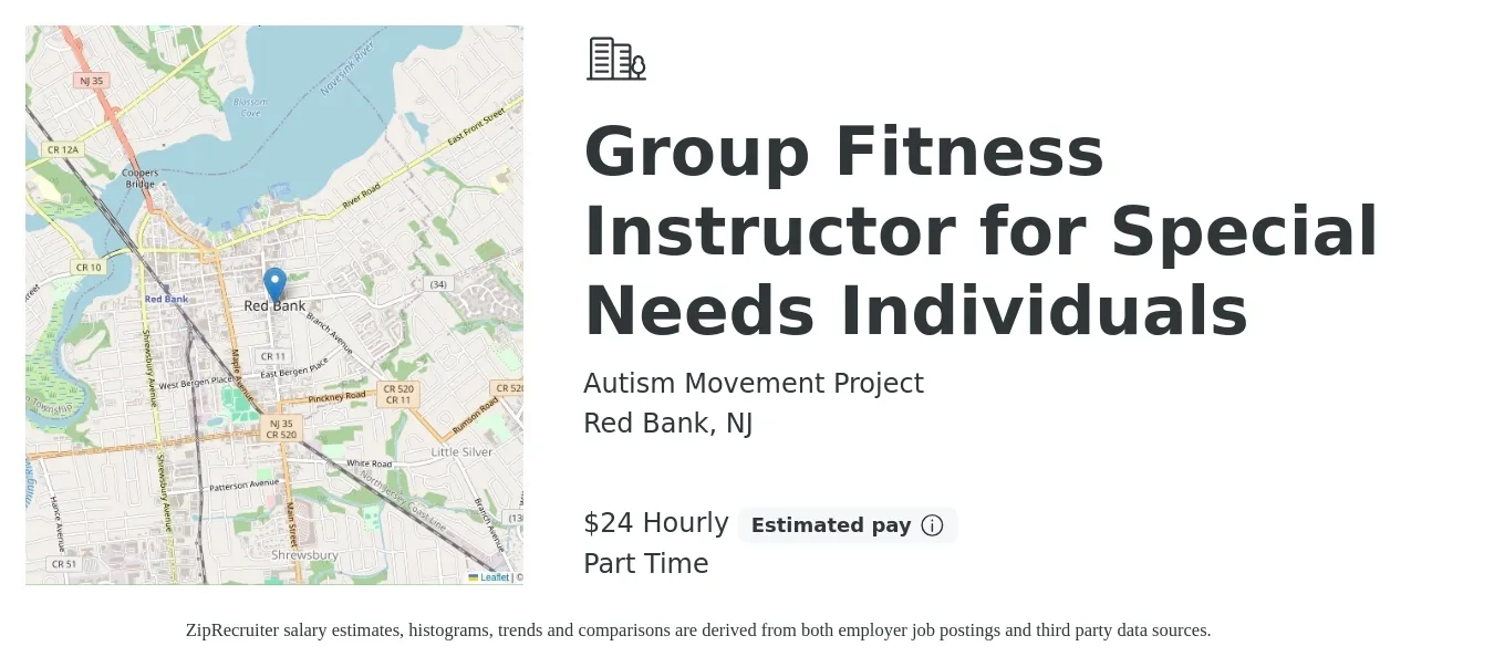 Autism Movement Project job posting for a Group Fitness Instructor for Special Needs Individuals in Red Bank, NJ with a salary of $25 Hourly with a map of Red Bank location.