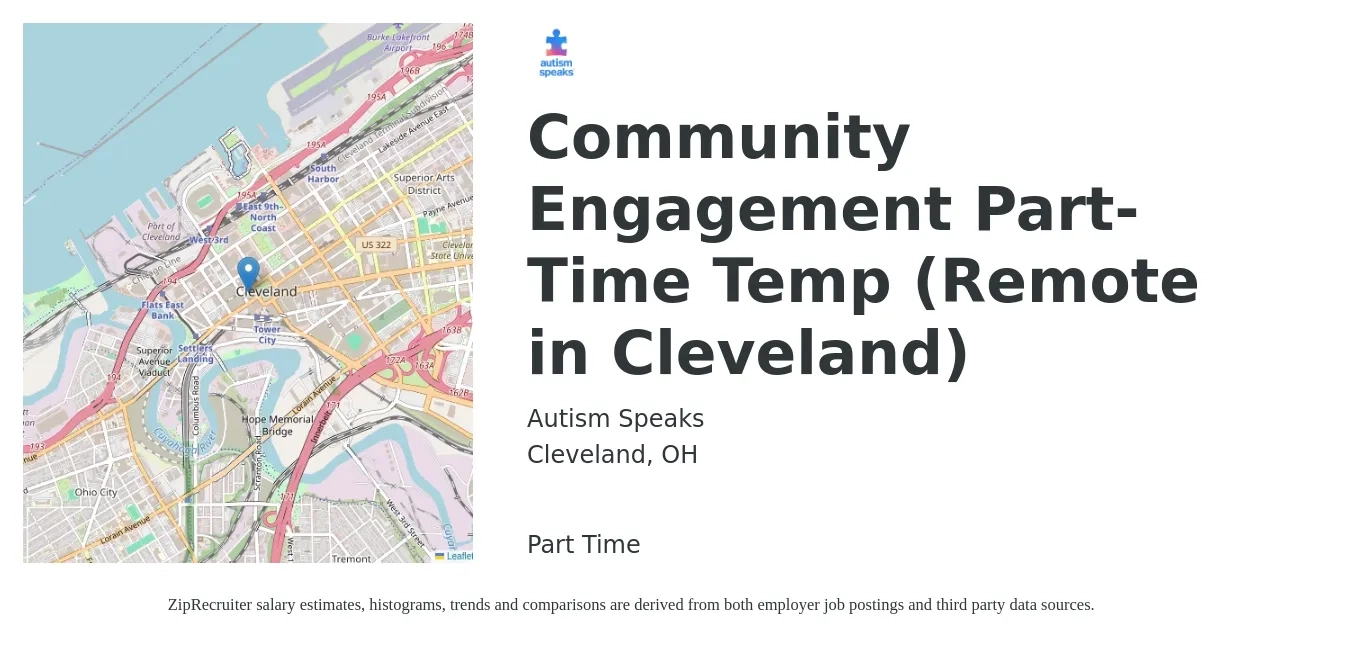 Autism Speaks job posting for a Community Engagement Part-Time Temp (Remote in Cleveland) in Cleveland, OH with a salary of $25 Hourly with a map of Cleveland location.