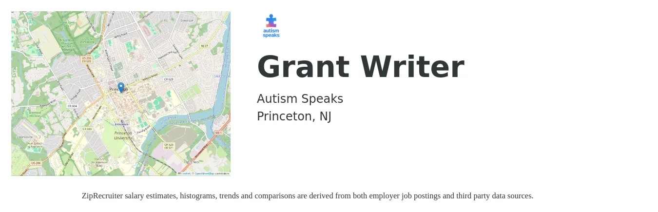 Autism Speaks job posting for a Grant Writer in Princeton, NJ with a salary of $55,000 to $77,700 Yearly with a map of Princeton location.