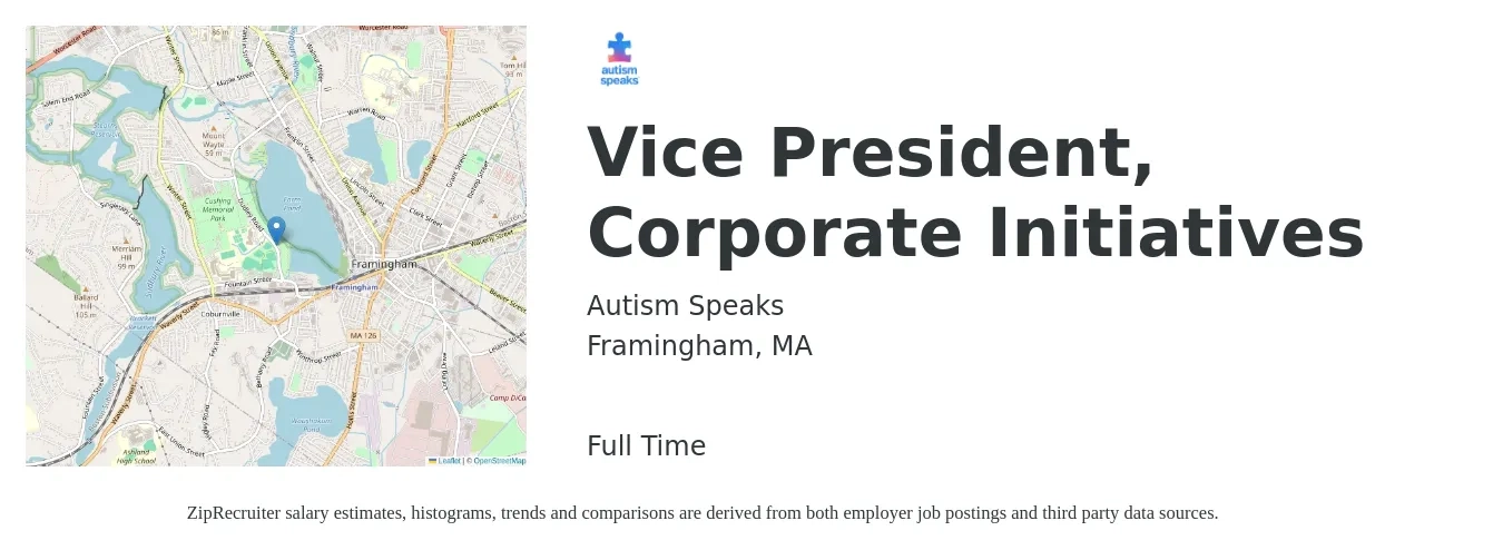 Autism Speaks job posting for a Vice President, Corporate Initiatives in Framingham, MA with a salary of $125,200 to $191,000 Yearly with a map of Framingham location.