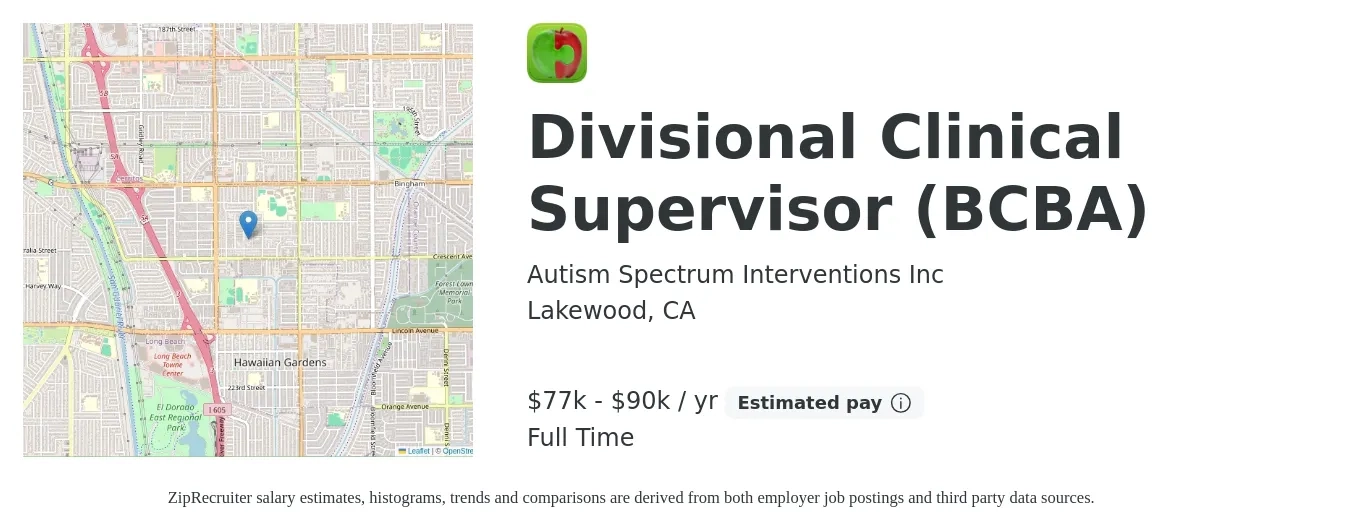 Autism Spectrum Interventions Inc job posting for a Divisional Clinical Supervisor (BCBA) in Lakewood, CA with a salary of $77,000 to $90,000 Yearly with a map of Lakewood location.