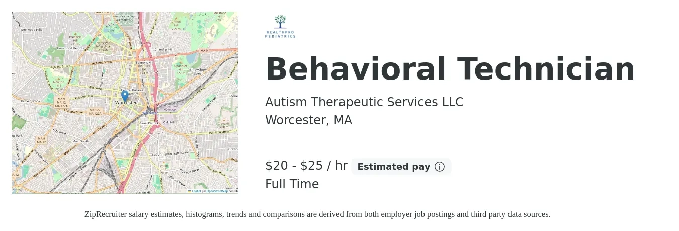 Autism Therapeutic Services LLC job posting for a Behavioral Technician in Worcester, MA with a salary of $21 to $26 Hourly with a map of Worcester location.