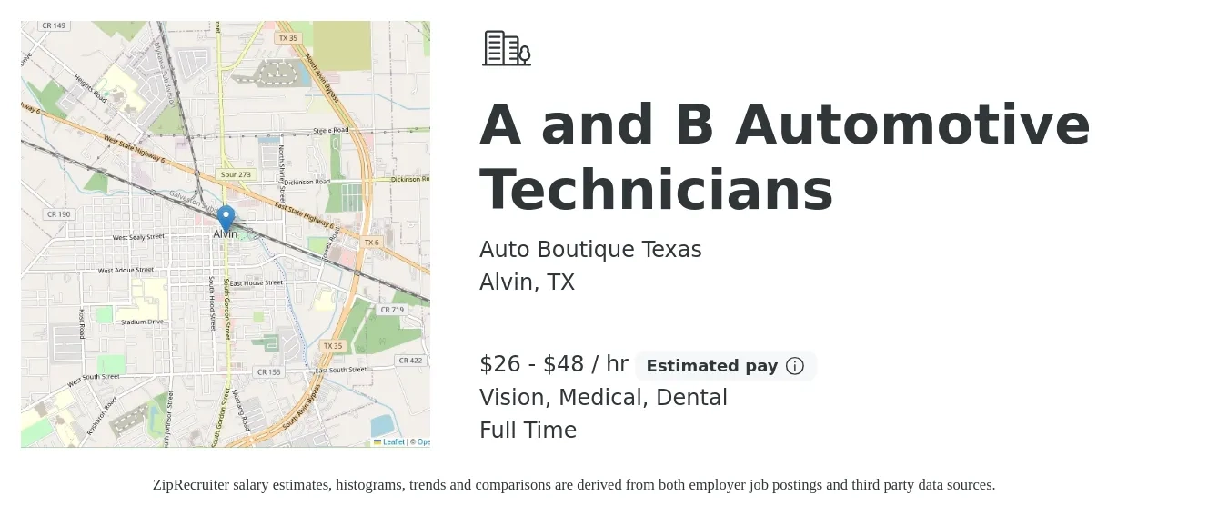 Auto Boutique Texas job posting for a A and B Automotive Technicians in Alvin, TX with a salary of $28 to $50 Hourly and benefits including dental, life_insurance, medical, pto, and vision with a map of Alvin location.