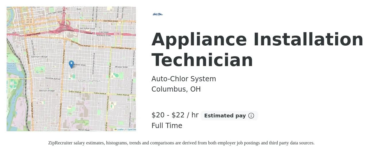 Auto-Chlor System job posting for a Appliance Installation Technician in Columbus, OH with a salary of $56,000 to $65,000 Yearly with a map of Columbus location.