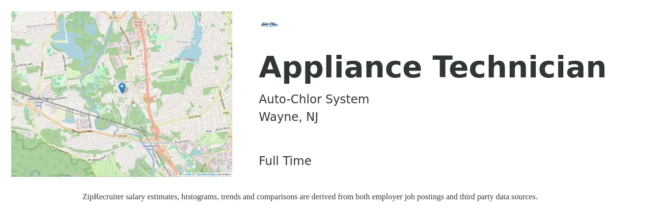Auto-Chlor System job posting for a Appliance Technician in Wayne, NJ with a salary of $57,000 to $67,000 Yearly with a map of Wayne location.