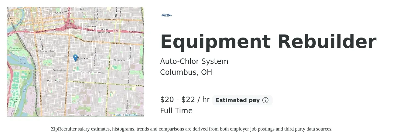 Auto-Chlor System job posting for a Equipment Rebuilder in Columbus, OH with a salary of $56,000 to $65,000 Yearly with a map of Columbus location.