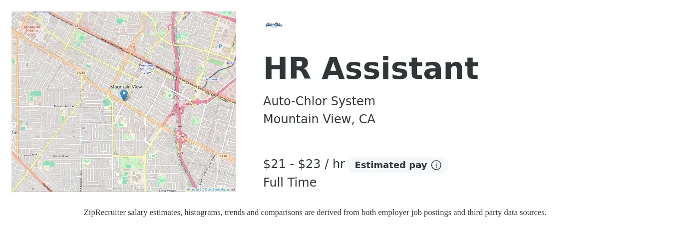 Auto-Chlor System job posting for a HR Assistant in Mountain View, CA with a salary of $22 to $24 Hourly with a map of Mountain View location.