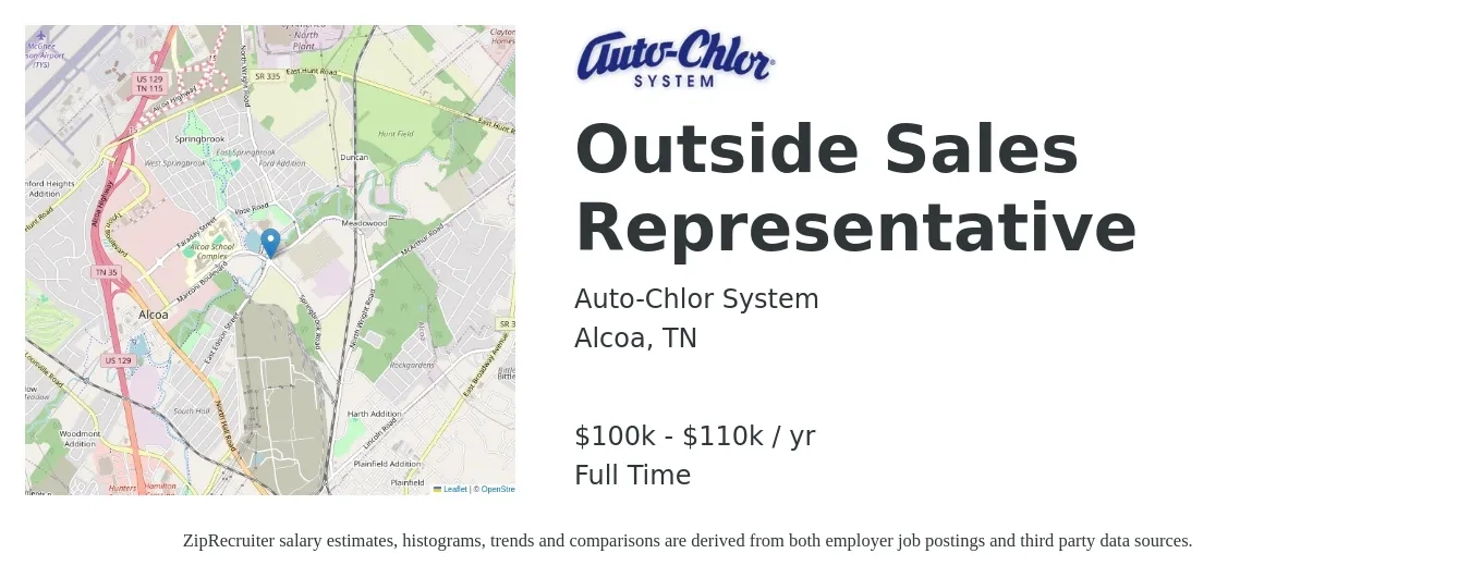 Auto-Chlor System job posting for a Outside Sales Representative in Alcoa, TN with a salary of $100,000 to $110,000 Yearly with a map of Alcoa location.