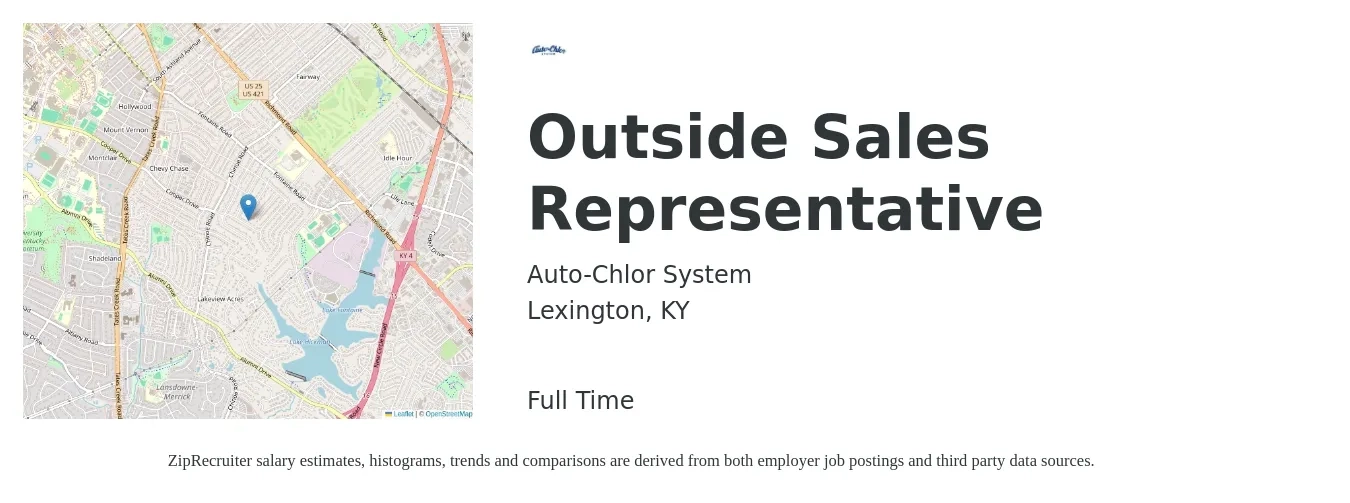 Auto-Chlor System job posting for a Outside Sales Representative in Lexington, KY with a salary of $75,000 to $85,000 Yearly with a map of Lexington location.