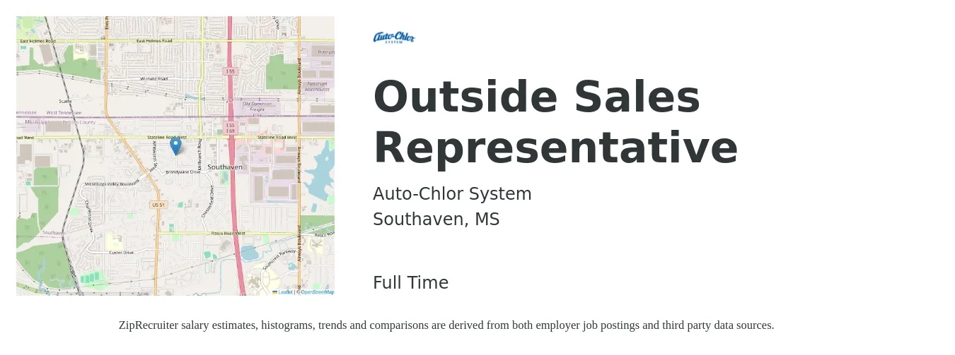 Auto-Chlor System job posting for a Outside Sales Representative in Southaven, MS with a salary of $100,000 to $110,000 Yearly with a map of Southaven location.