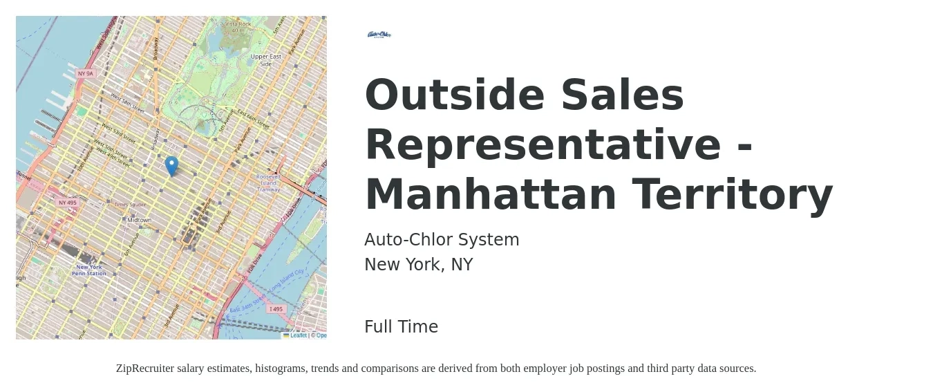 Auto-Chlor System job posting for a Outside Sales Representative - Manhattan Territory in New York, NY with a salary of $90,000 to $100,000 Yearly with a map of New York location.