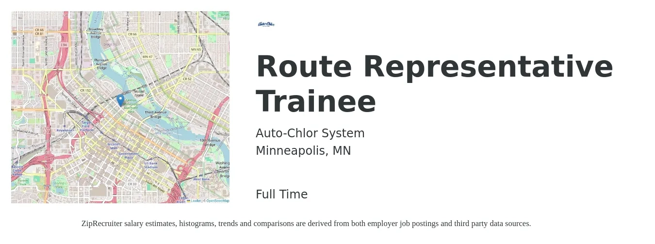 Auto-Chlor System job posting for a Route Representative Trainee in Minneapolis, MN with a salary of $25 Hourly with a map of Minneapolis location.