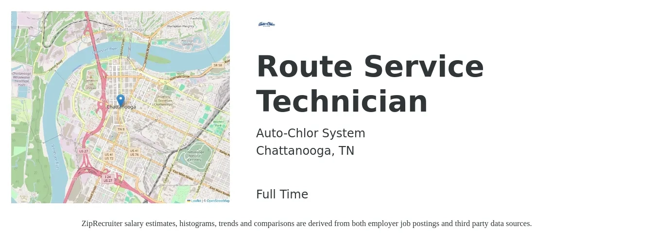 Auto-Chlor System job posting for a Route Service Technician in Chattanooga, TN with a salary of $57,000 to $62,000 Yearly with a map of Chattanooga location.