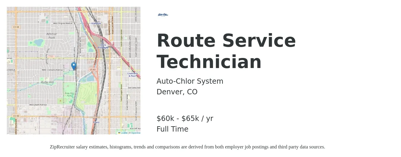 Auto-Chlor System job posting for a Route Service Technician in Denver, CO with a salary of $60,000 to $65,000 Yearly with a map of Denver location.